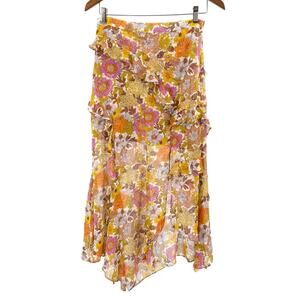 Veronica Beard Orange Purple Floral Silk Asymmetrical Ruffle Skirt